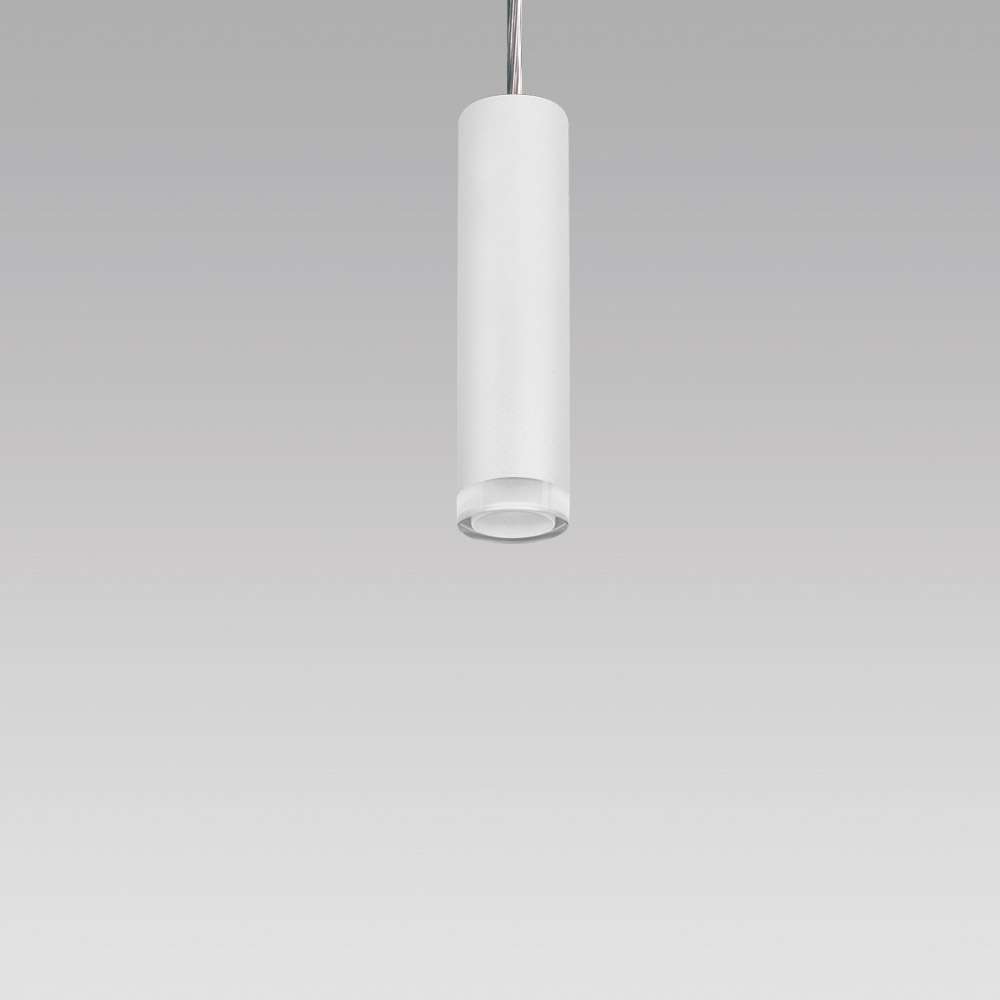 Suspended downlight with cylindricsl design for indoor lighting, in the opal screen version.