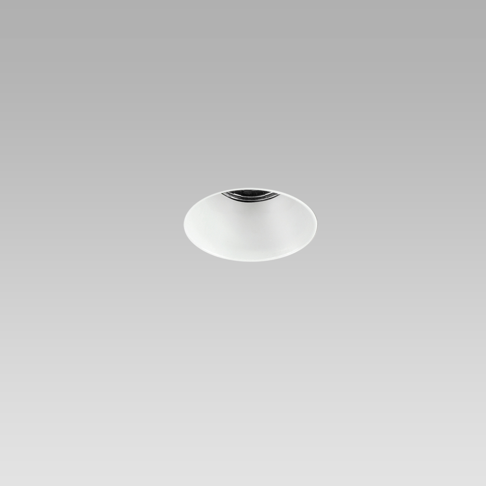 Round recessed ceiling downlight for interior lighting, trimless, with white optic