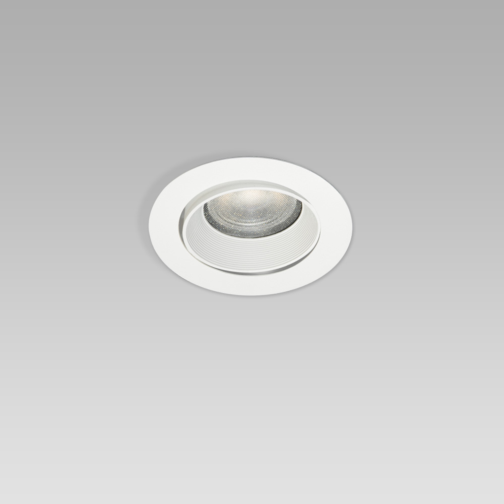 Ceiling-recessed light fitting with an elegant round design, available with adjustable or wall-washer optic