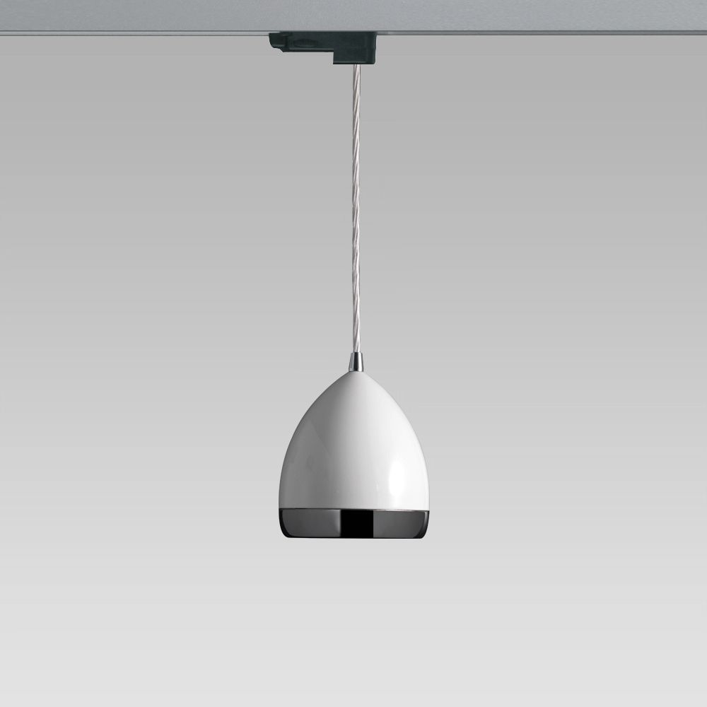 Suspended luminaire featuring a stylish design for indoor lighting; it can be installed on electrified tracks