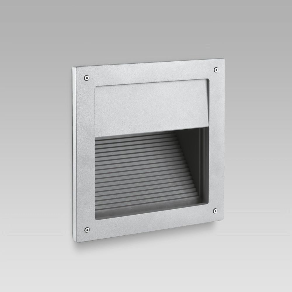 Wall recessed steplight for functional lighting of outdoor areas featuring a squared design