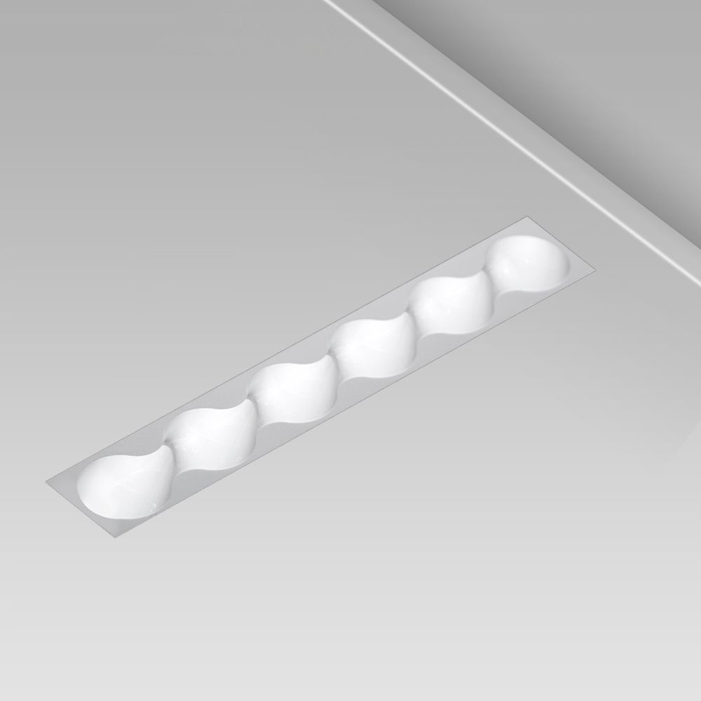 incasso a soffitto lineare per l'illuminazione di interni dall’eleganza minimalista, senza cornice e con ottica tonda bianca ad abbagliamento controllato