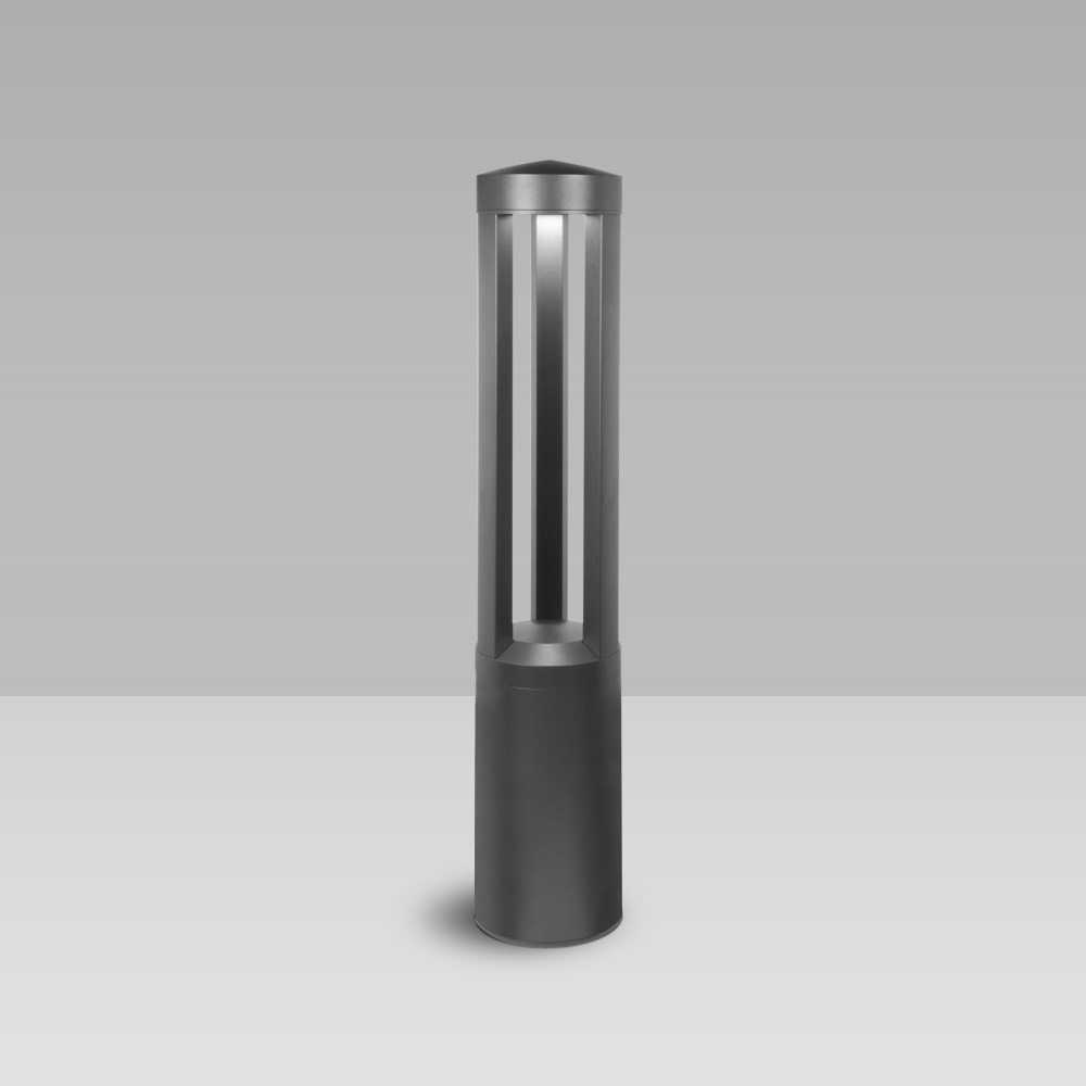 Bollard light for garden and urban areas lighting, with 3 LED sources with radial optic and industrial design