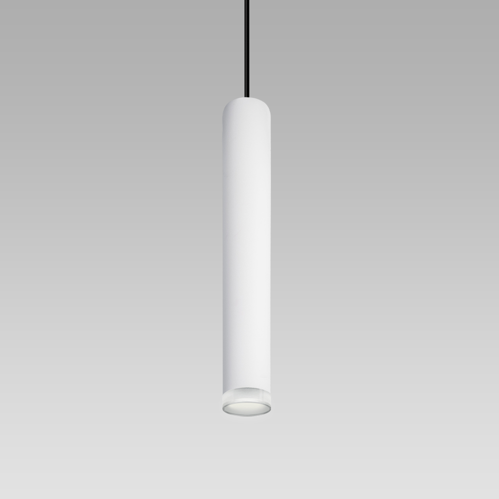 Suspended downlight with cylindrical design for indoor lighting, in the opal version