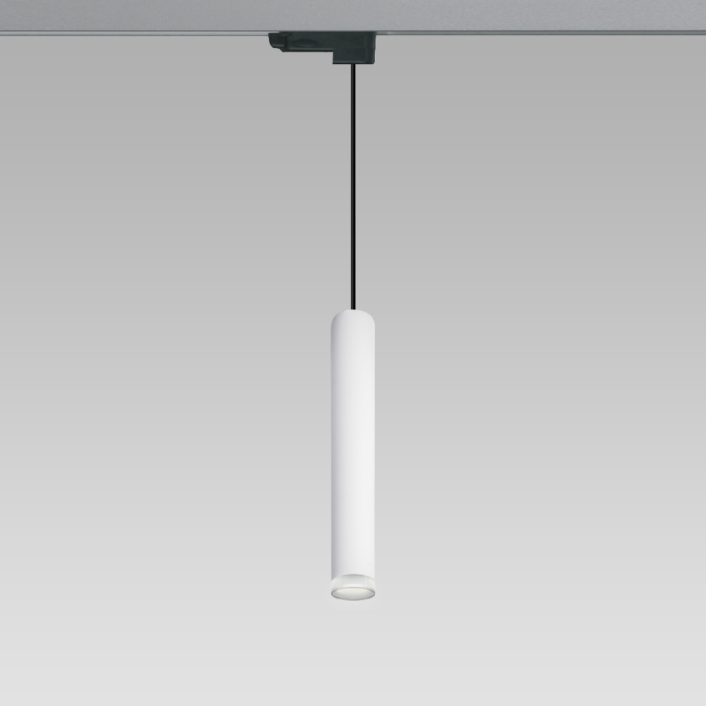 Suspended downlight with cylindrical design for indoor lighting, in the opal version