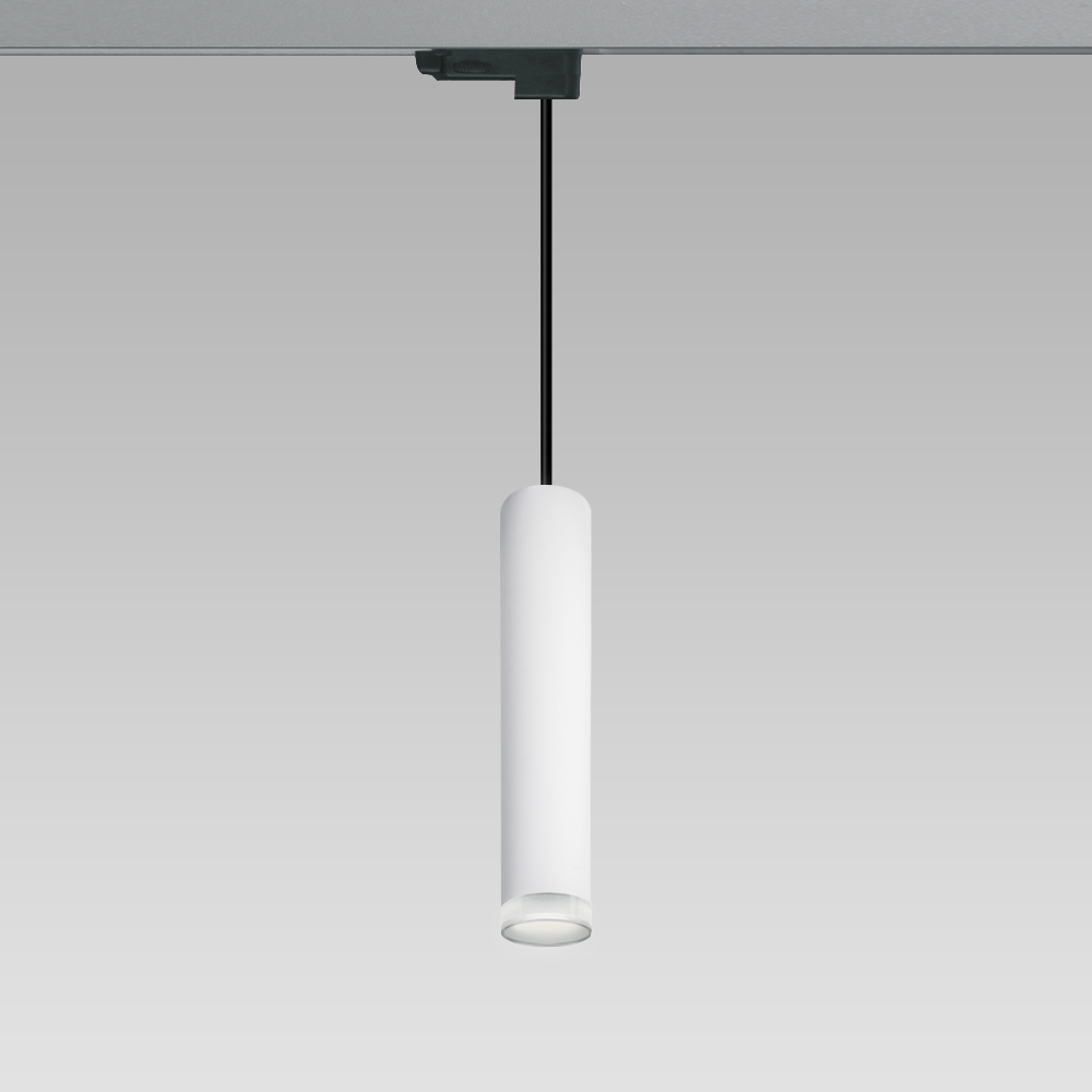 Suspended downlight with cylindrical design for indoor lighting, in the opal screen version.