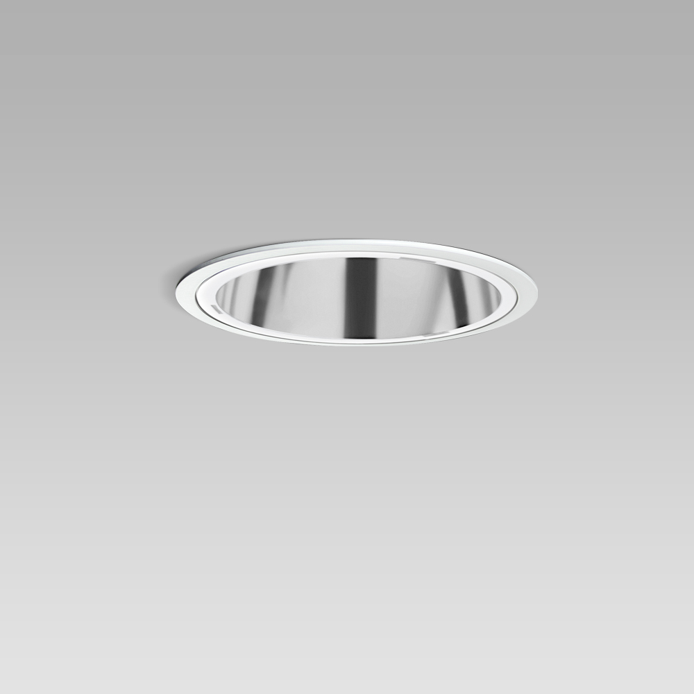 Ceiling recessed luminaire for indoor lighting with elegant round design, requiring a short installation depth, with flush screen