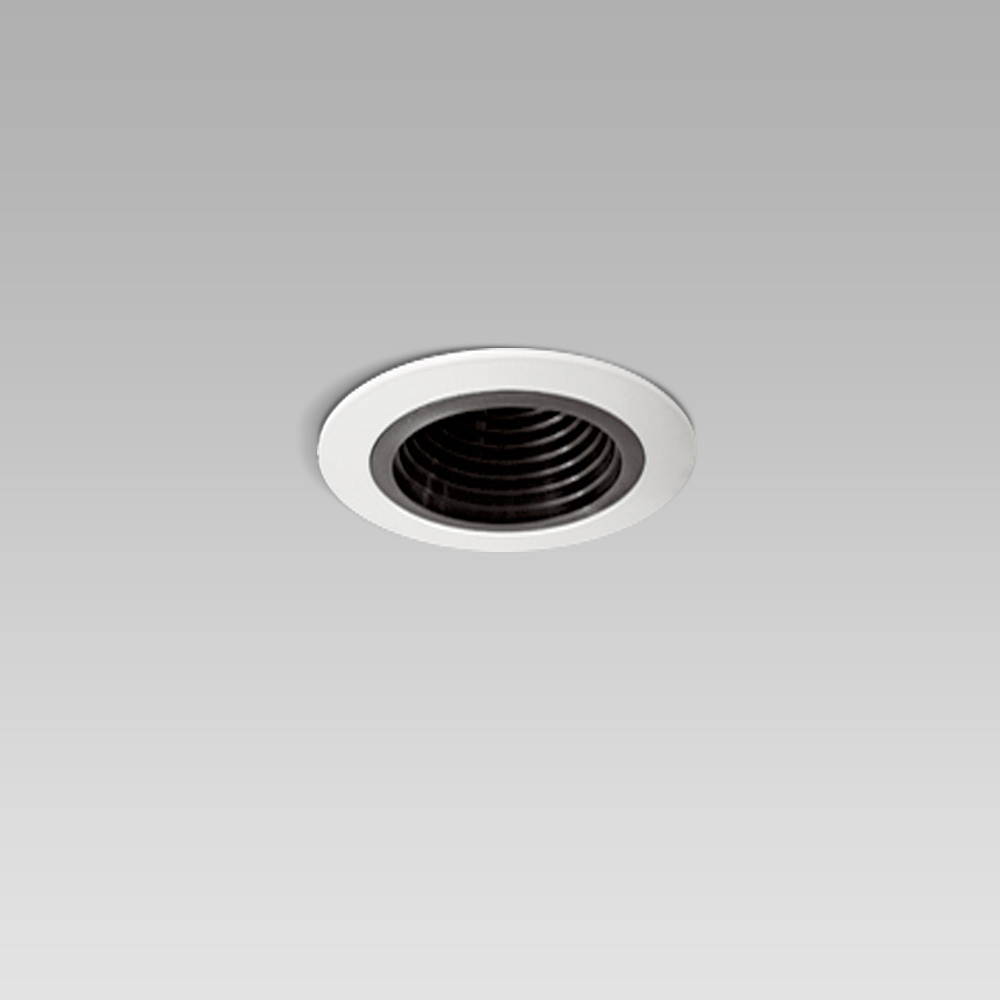 Ceiling recessed luminaire for indoor lighting with small size and elegant design, with black optic