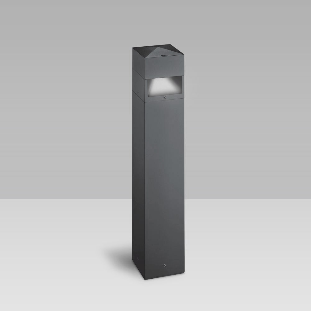 Bollard light with an elegant geometrical design for the illumination of gardens, parks, pedestrian and urban areas