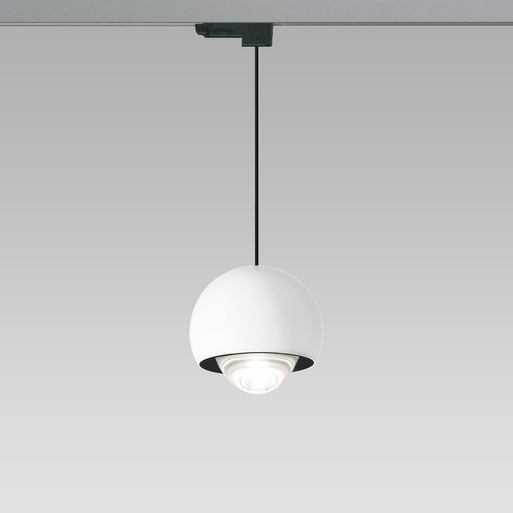 Elegantly designed pendant luminaire for interior lighting, also available in track-mounted version