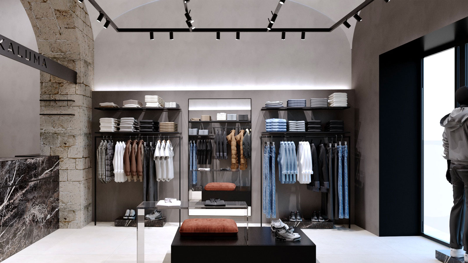 Arcluce REWO spotlight pour rail electrifié illumine Kaluma Store à San Giorgio a Cremano, Naples